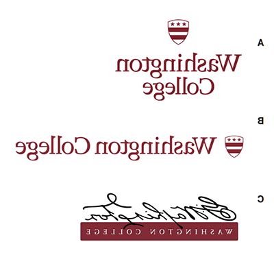 Washington College logos, two new with shield, one old with signature